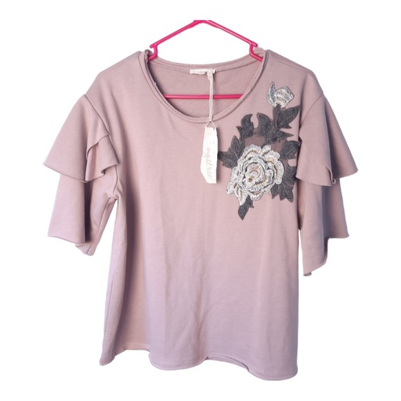Mystree Tops - Mystree New Ruffle Sleeve Rose Floral Embroidered Blouse Feminine Flounce Small